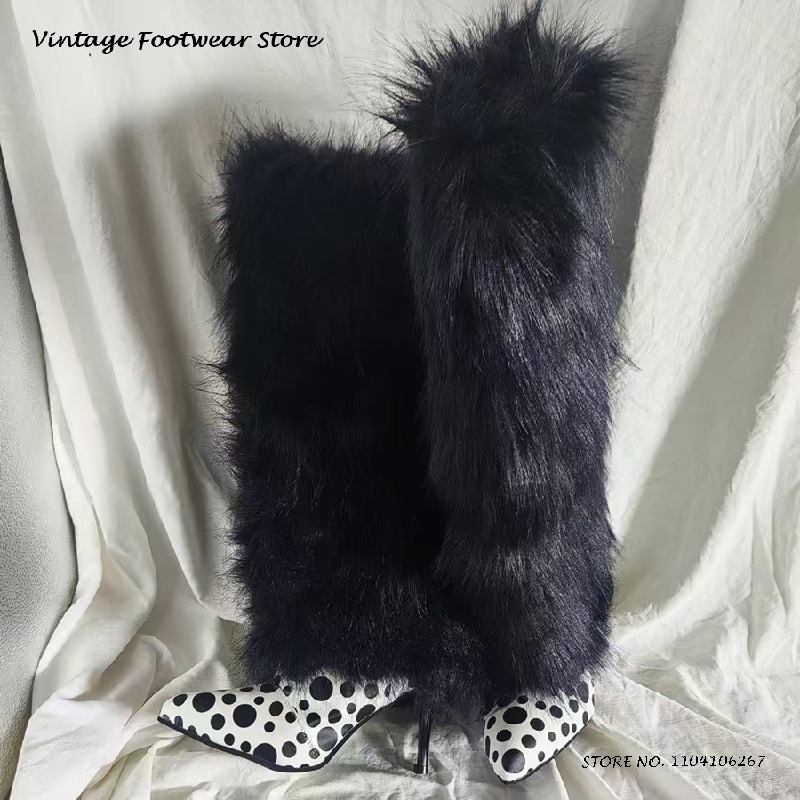 Street Fashion Winter - Polka Dot Faux Fur Knee High