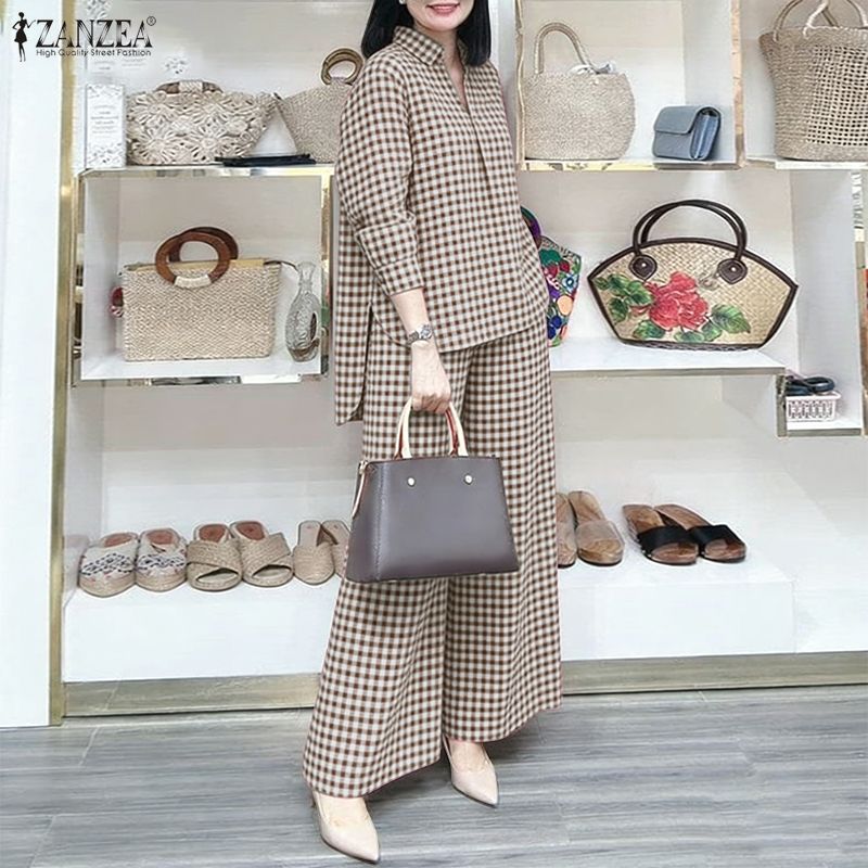 Street Fashion Jersey - ZANZEA Women's Gingham Pant Suits Collared