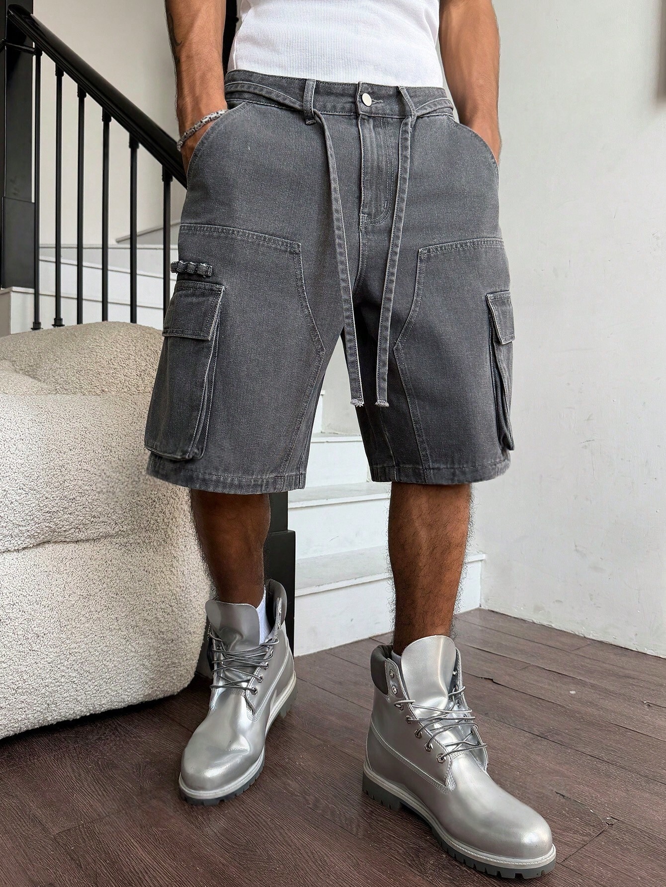 Men Grey Washed Cargo Denim Sh - Street Fashion Jeans recensie en prijs