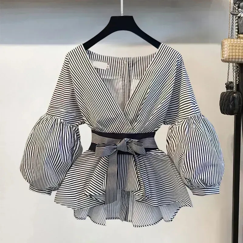 Women Elegant V-Neck Stripe La - Street Fashion Korean recensie en prijs